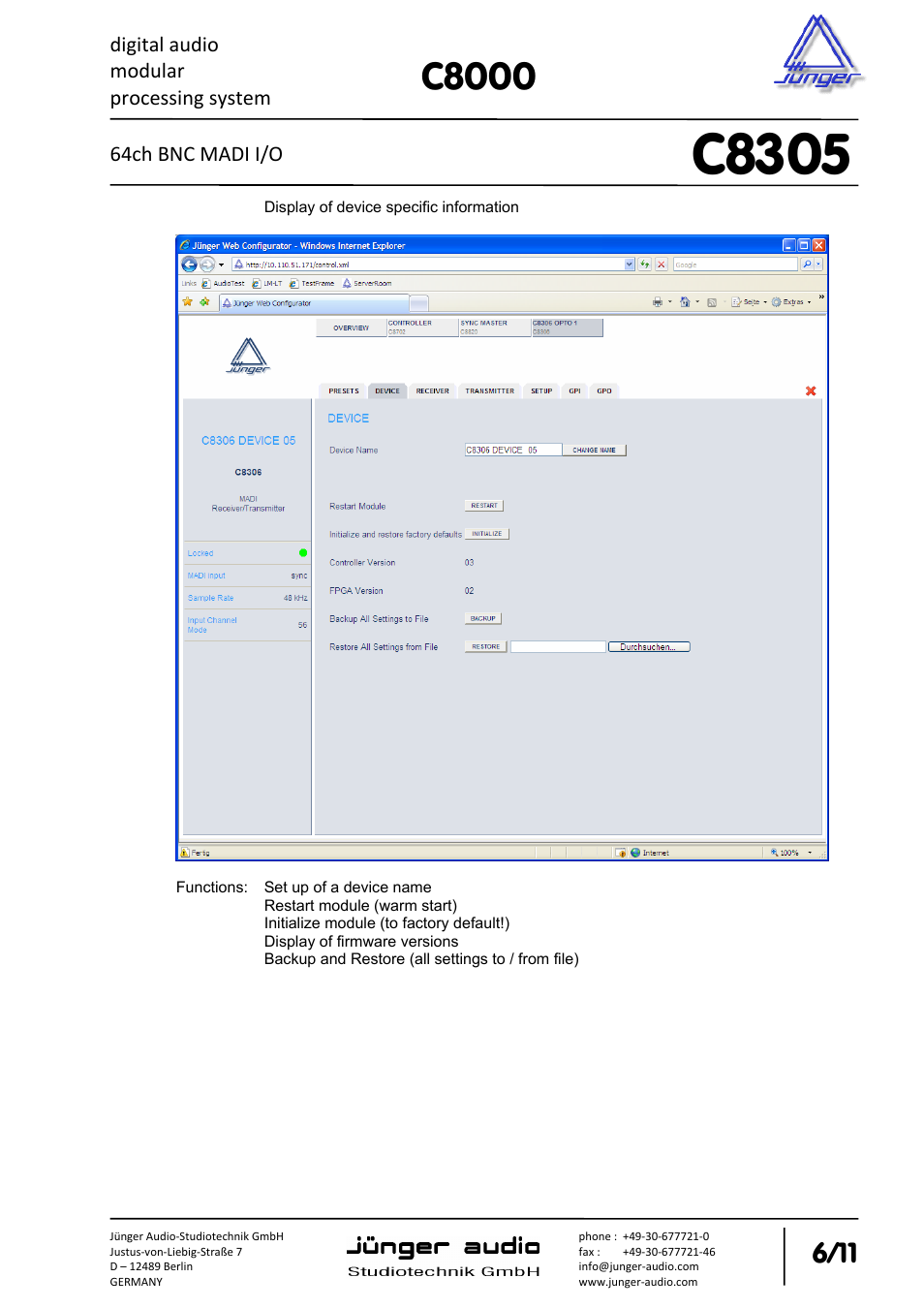 C8305, C8000 | Junger Audio C8305 - MADI (BNC) User Manual | Page 6 / 11