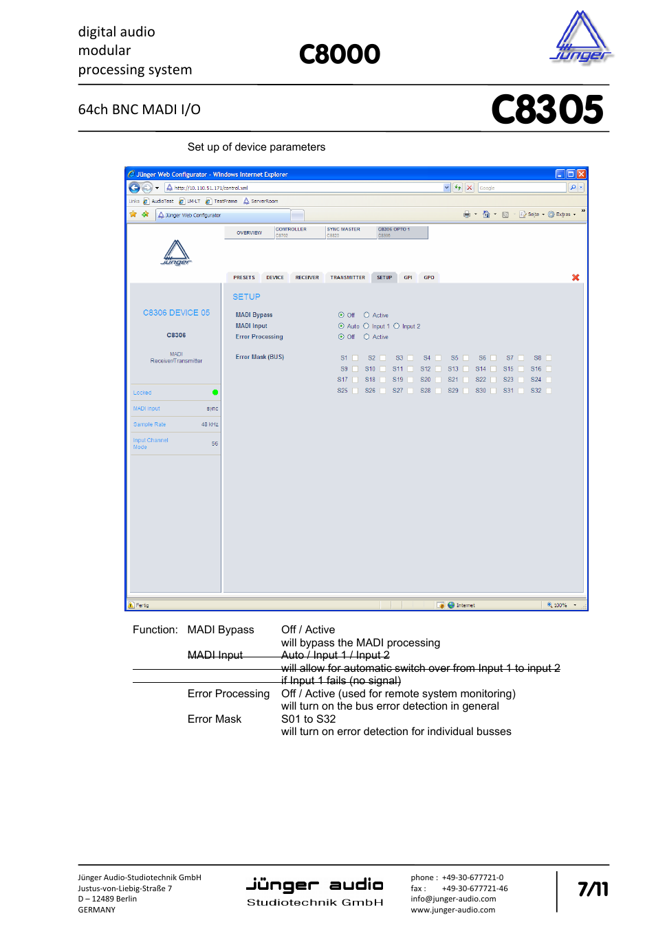 C8305, C8000, Digital audio modular processing system | 64ch bnc madi i/o | Junger Audio C8305 - MADI (BNC) User Manual | Page 7 / 11