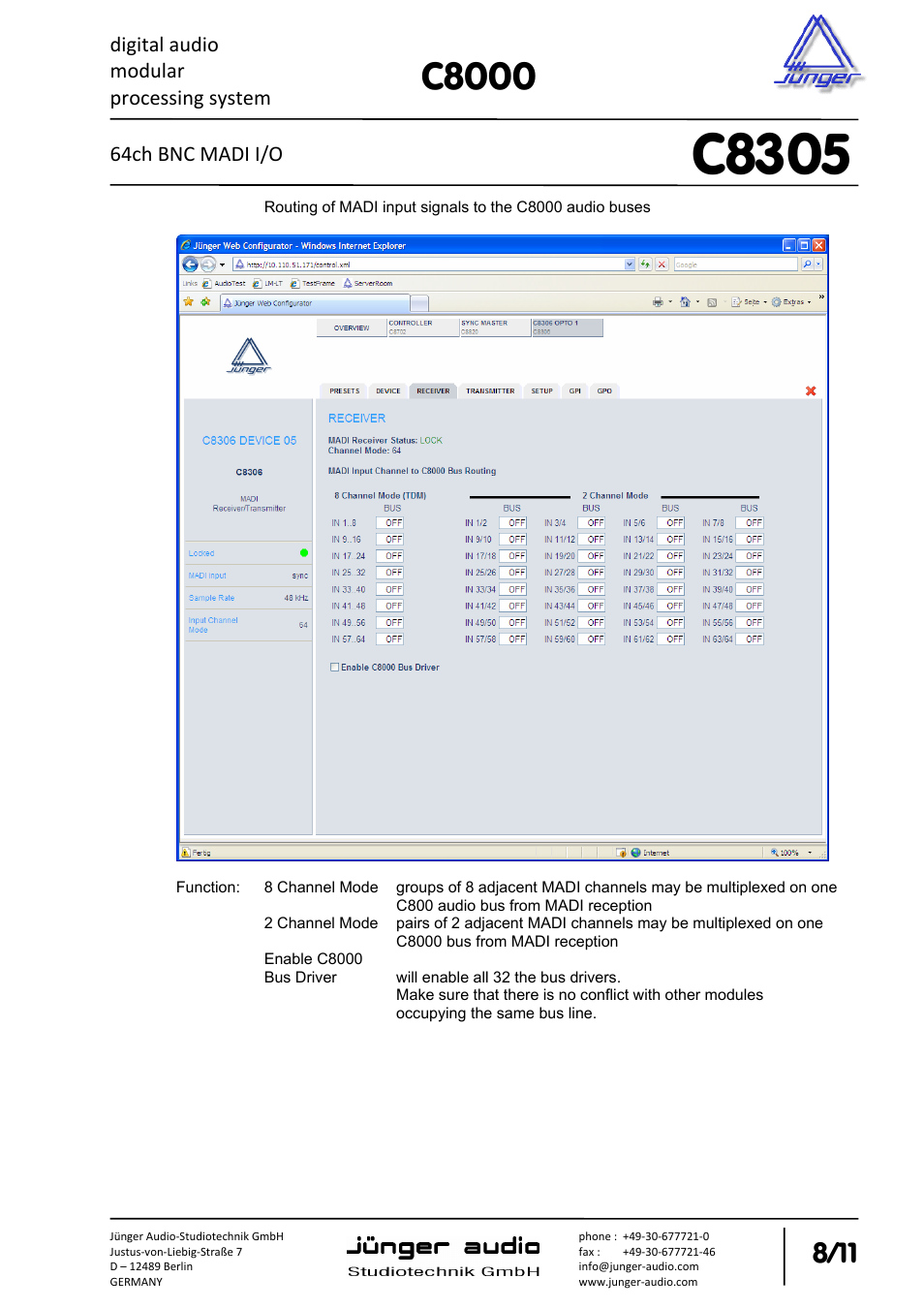 C8305, C8000, Digital audio modular processing system | 64ch bnc madi i/o | Junger Audio C8305 - MADI (BNC) User Manual | Page 8 / 11