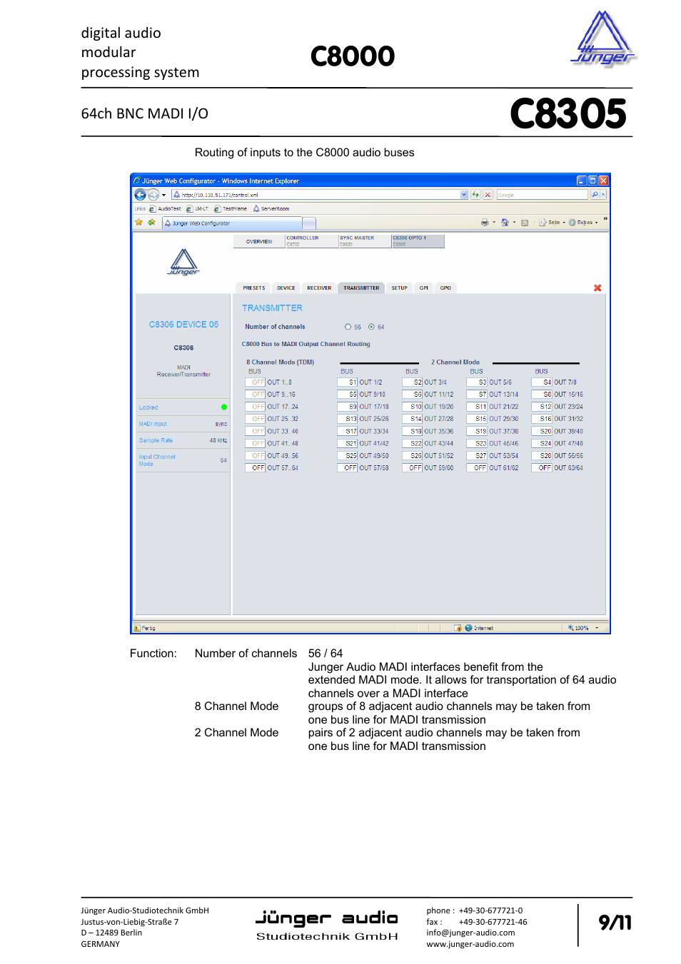 C8305, C8000, Digital audio modular processing system | 64ch bnc madi i/o | Junger Audio C8305 - MADI (BNC) User Manual | Page 9 / 11