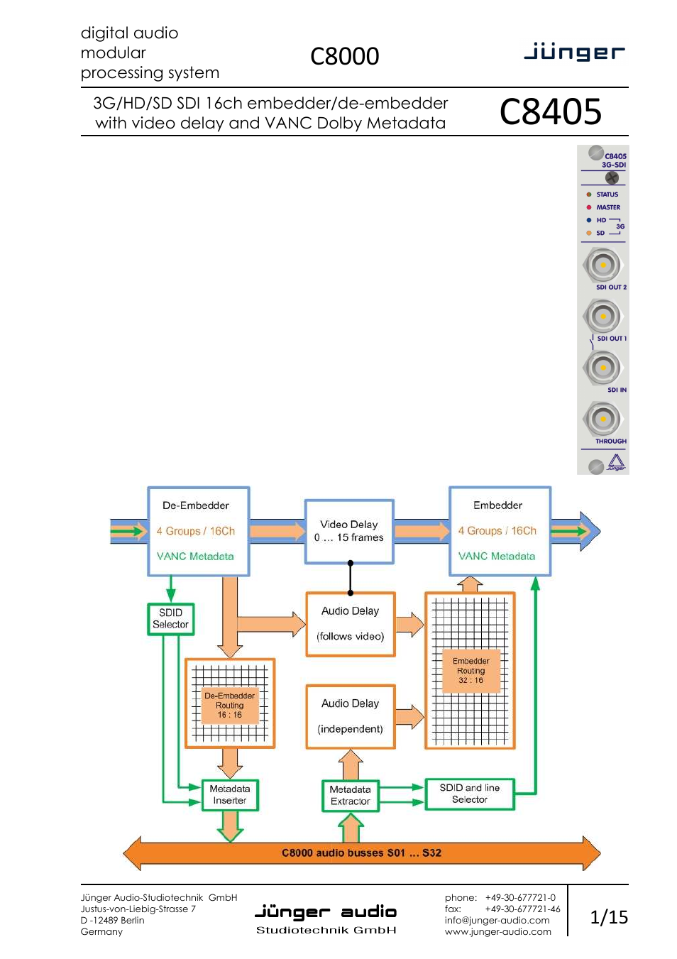 Junger Audio C8405 - SDI (3G/HD/SD) User Manual | 15 pages