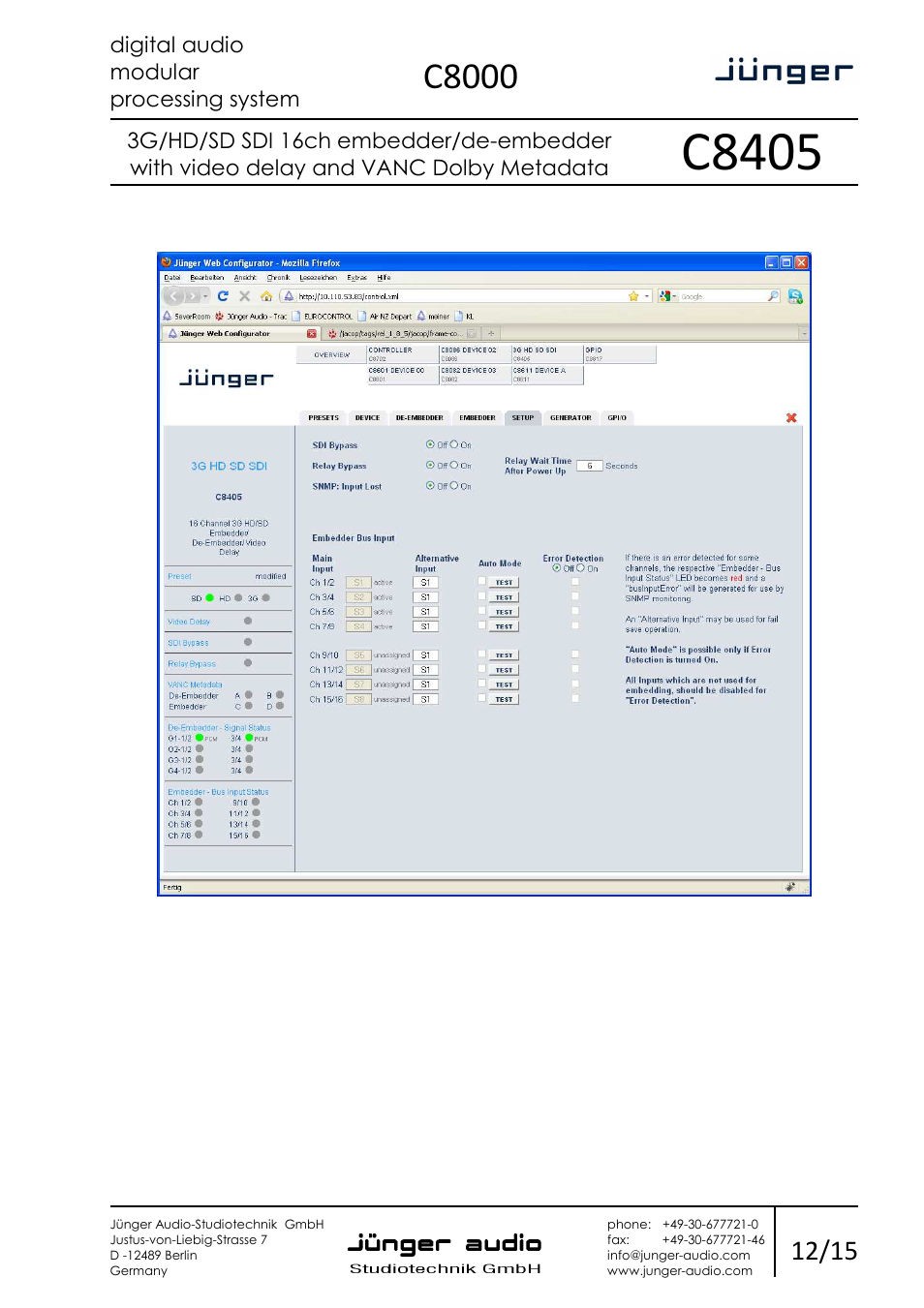 C8405, C8000, Digital audio modular processing system | Junger Audio C8405 - SDI (3G/HD/SD) User Manual | Page 12 / 15