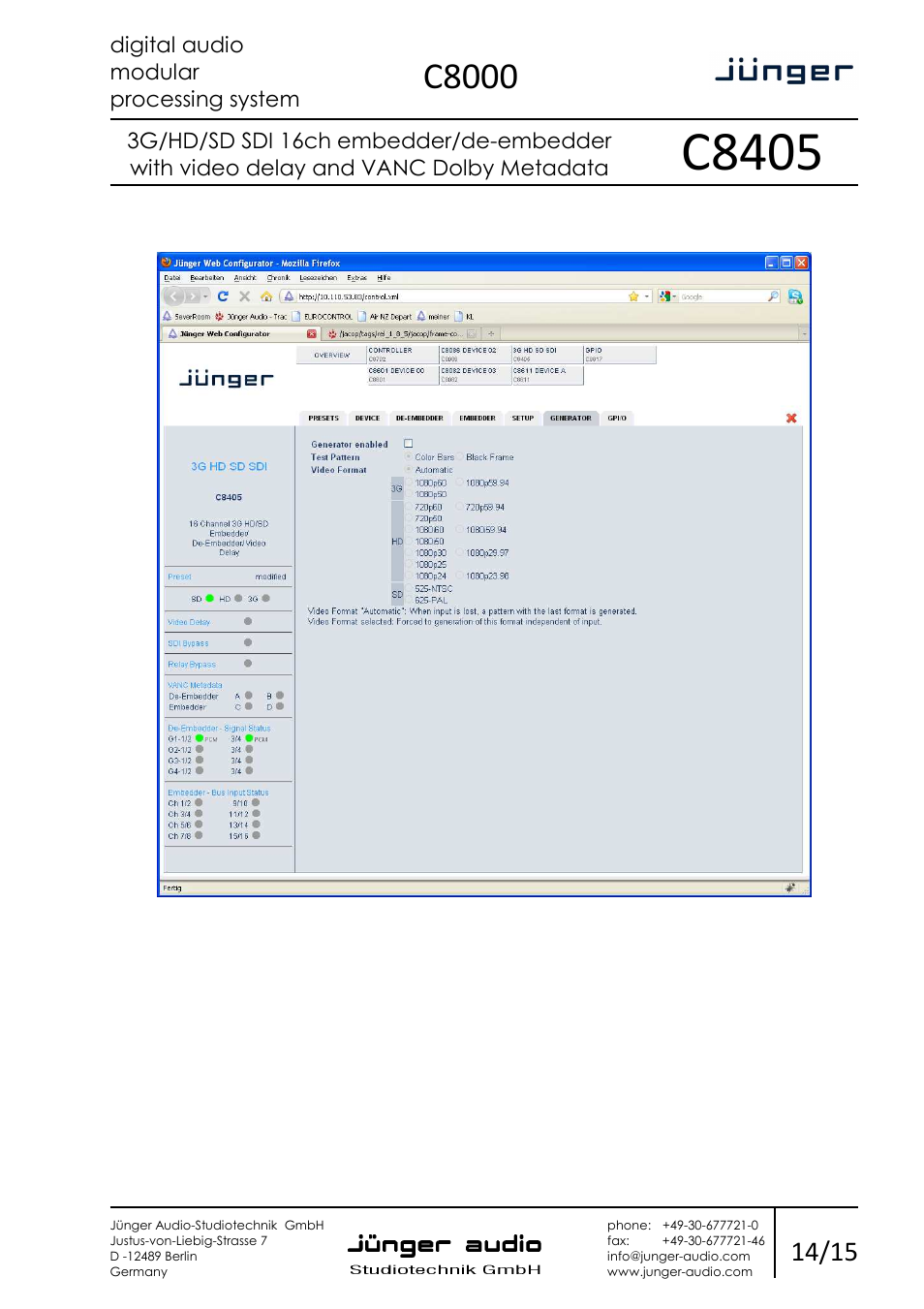 C8405, C8000, Digital audio modular processing system | Junger Audio C8405 - SDI (3G/HD/SD) User Manual | Page 14 / 15