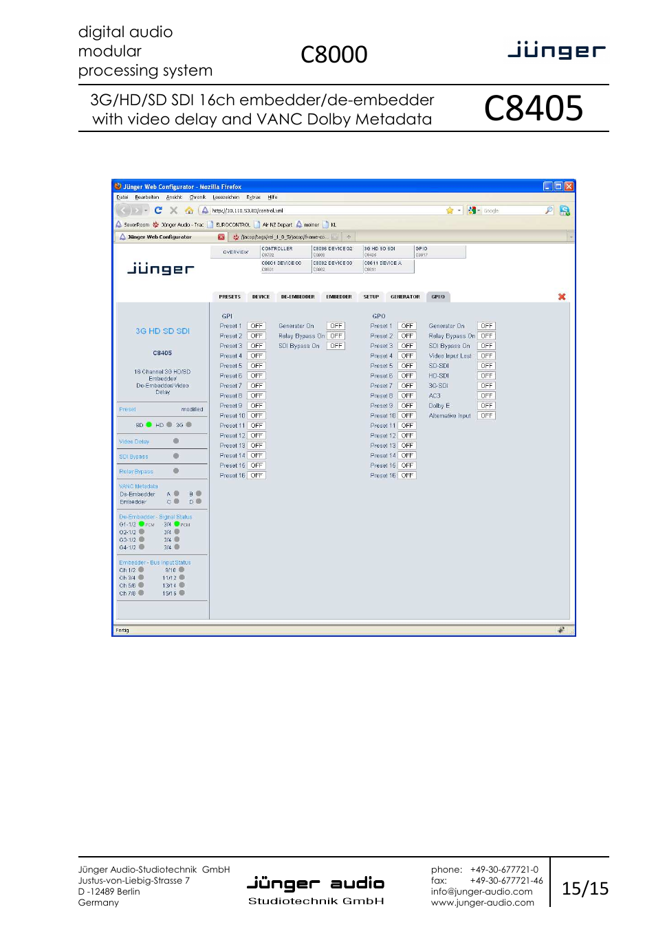 C8405, C8000 | Junger Audio C8405 - SDI (3G/HD/SD) User Manual | Page 15 / 15