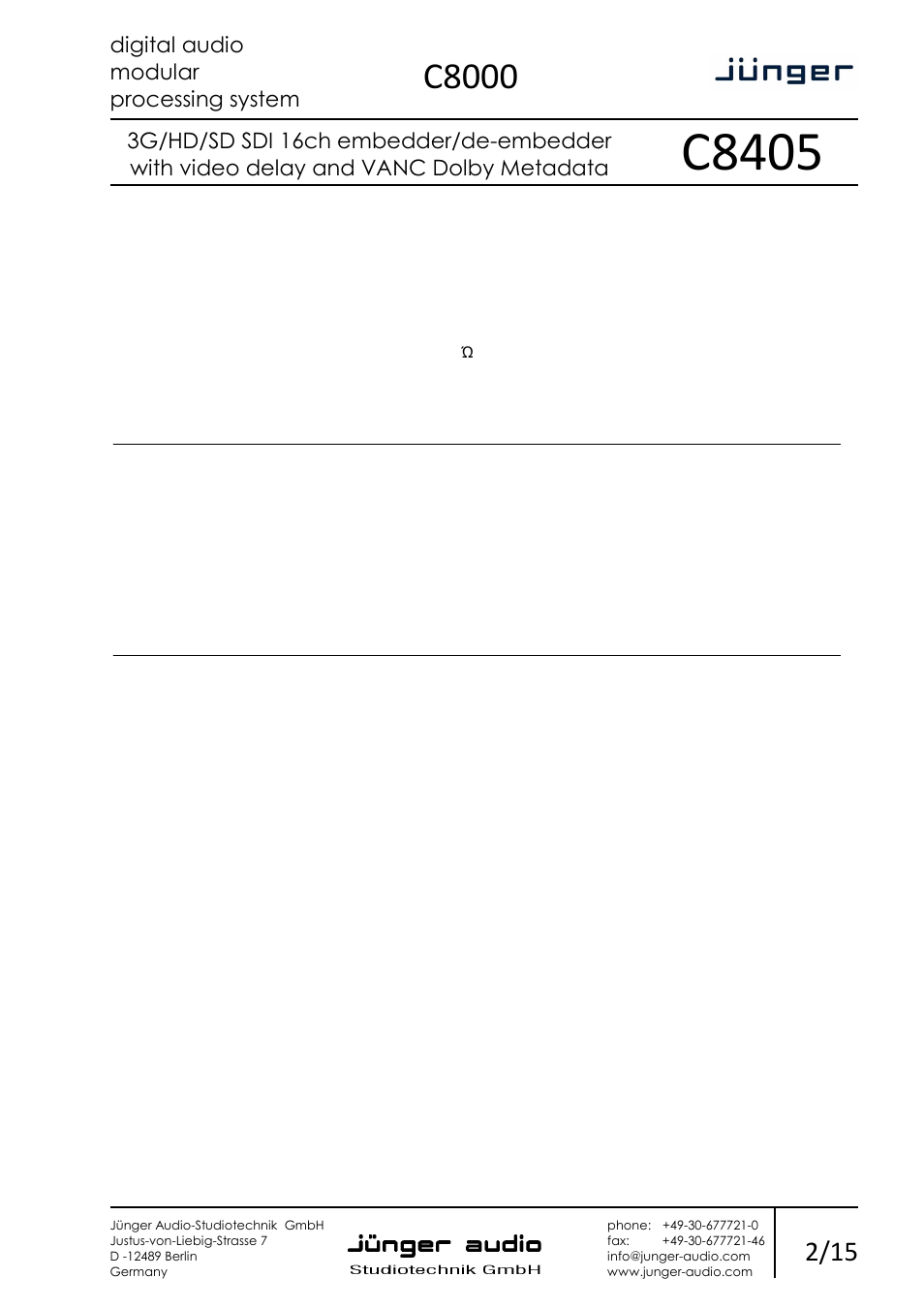 C8405, C8000, Digital audio modular processing system | Junger Audio C8405 - SDI (3G/HD/SD) User Manual | Page 2 / 15