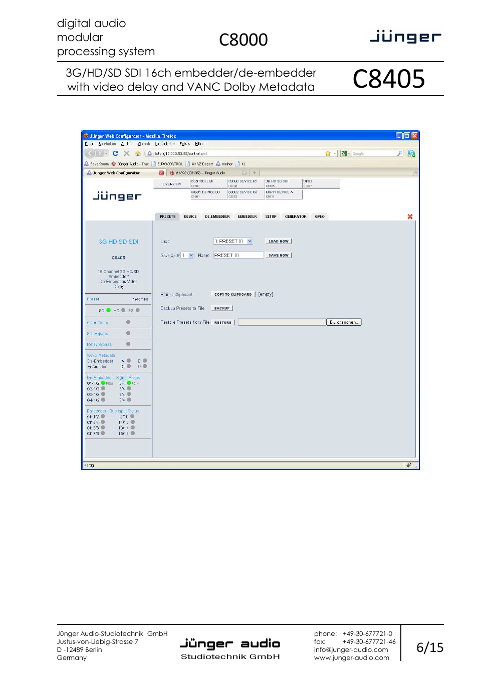 C8405, C8000, Digital audio modular processing system | Junger Audio C8405 - SDI (3G/HD/SD) User Manual | Page 6 / 15