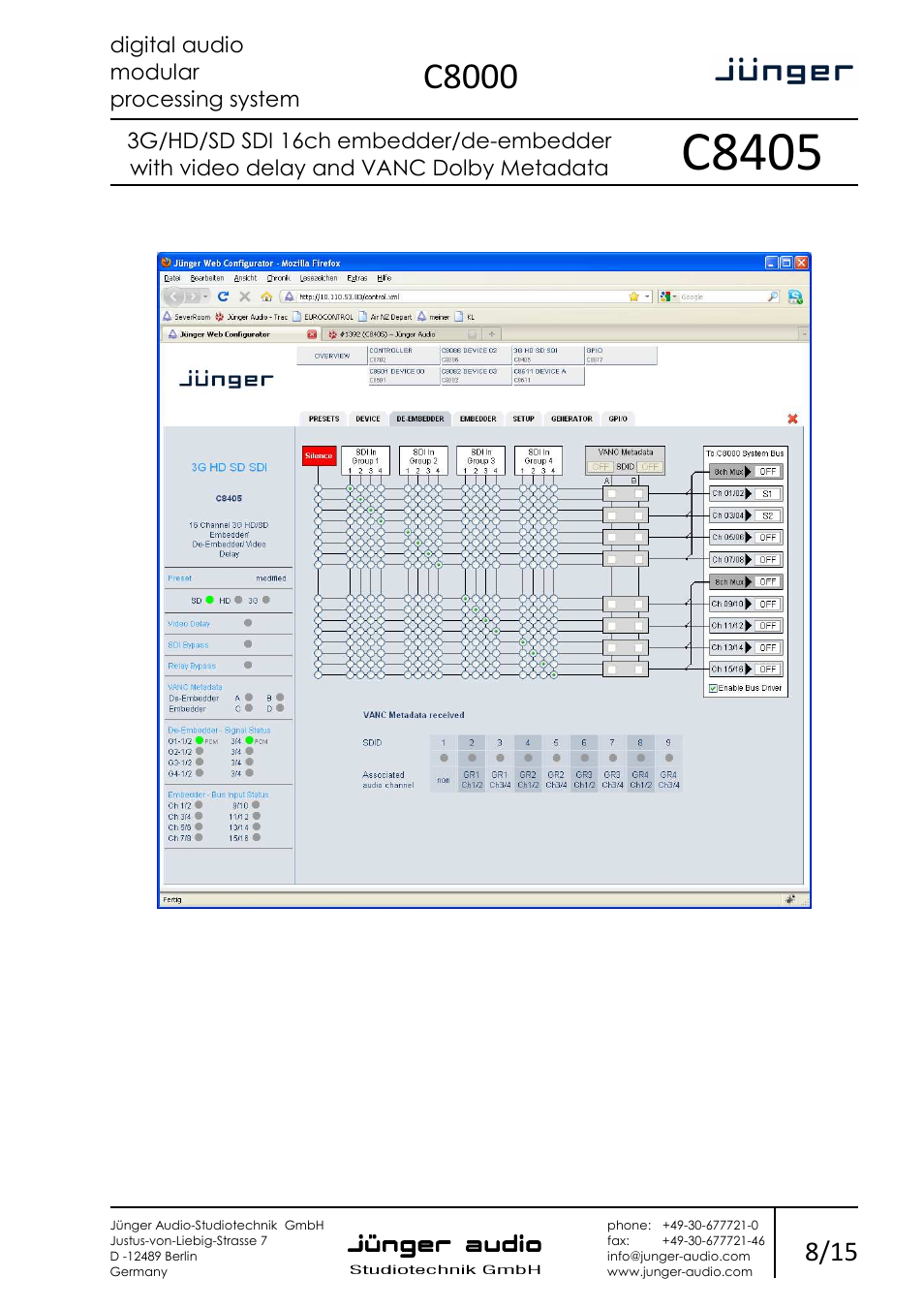 C8405, C8000 | Junger Audio C8405 - SDI (3G/HD/SD) User Manual | Page 8 / 15