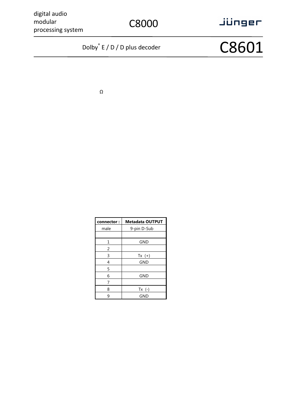 C8601, C8000, Digital audio modular processing system | Dolby, E / d / d plus decoder, Page 2/11, Technical specifications | Junger Audio C8601 - Dolby® D/D+/E decoder User Manual | Page 2 / 11