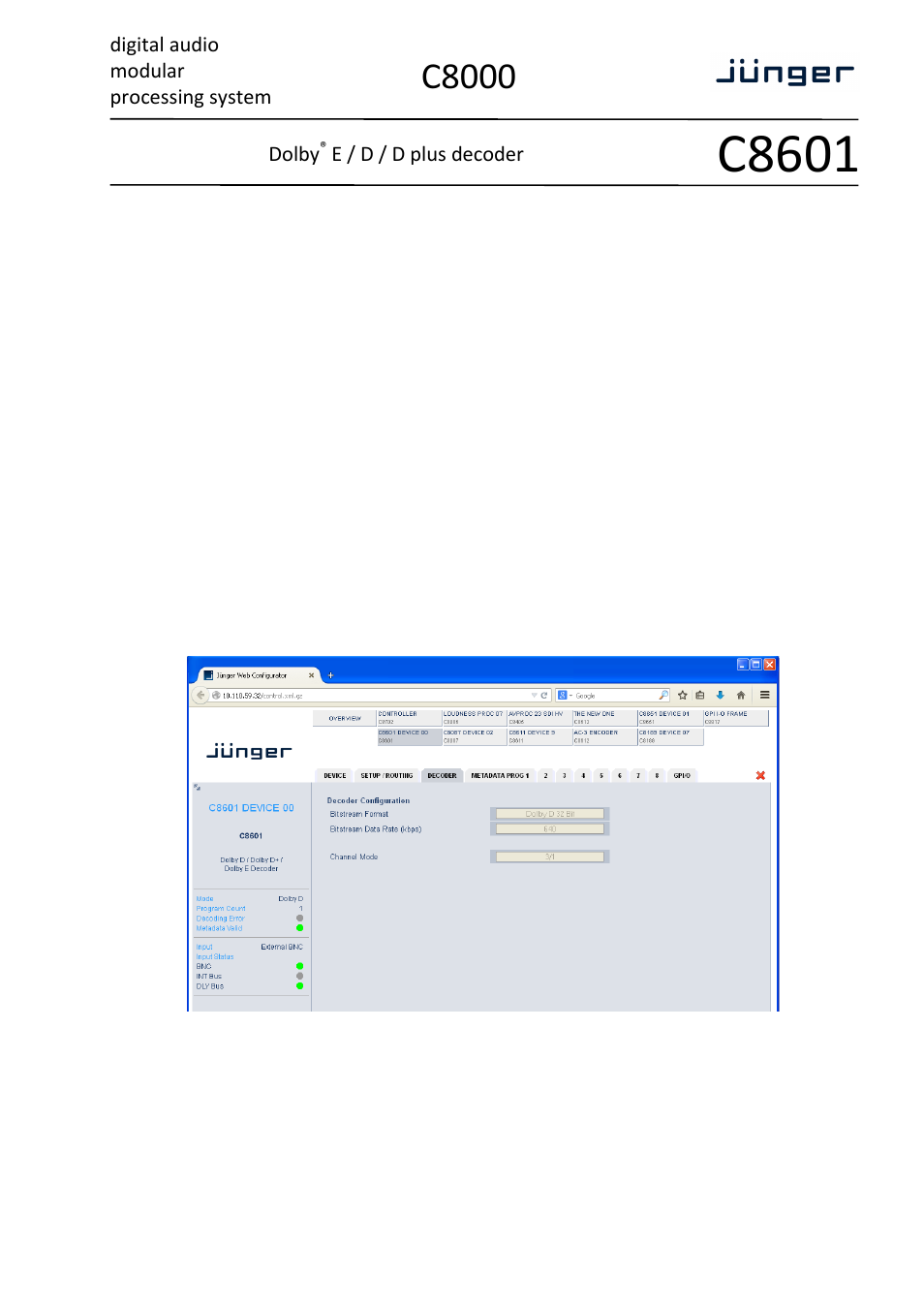 C8601, C8000, Digital audio modular processing system | Dolby, E / d / d plus decoder | Junger Audio C8601 - Dolby® D/D+/E decoder User Manual | Page 8 / 11