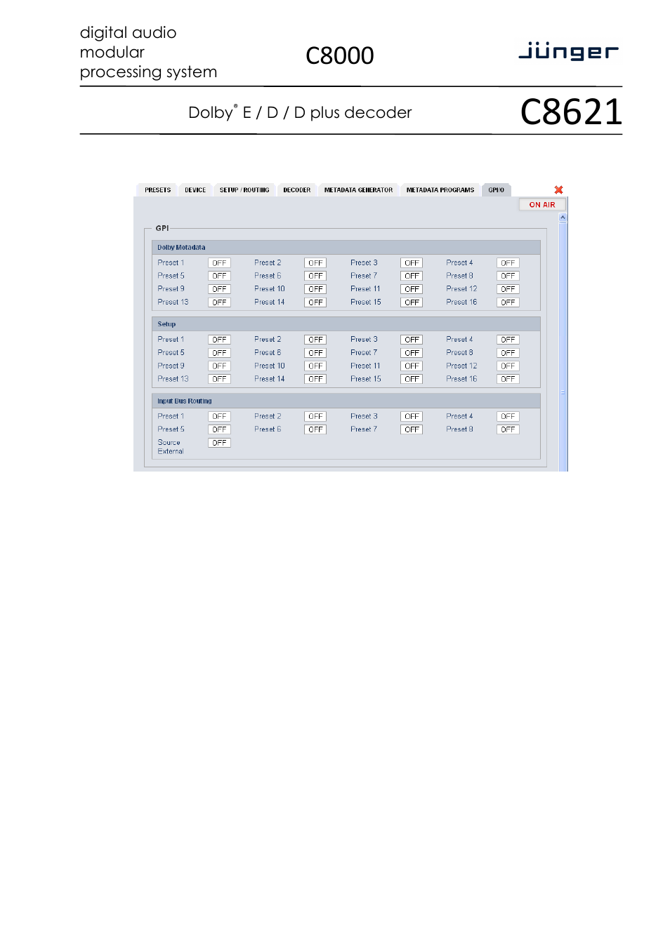 C8621, C8000 | Junger Audio C8621- Dolby® D/D+/E Decoder & Metadata Generator User Manual | Page 18 / 19