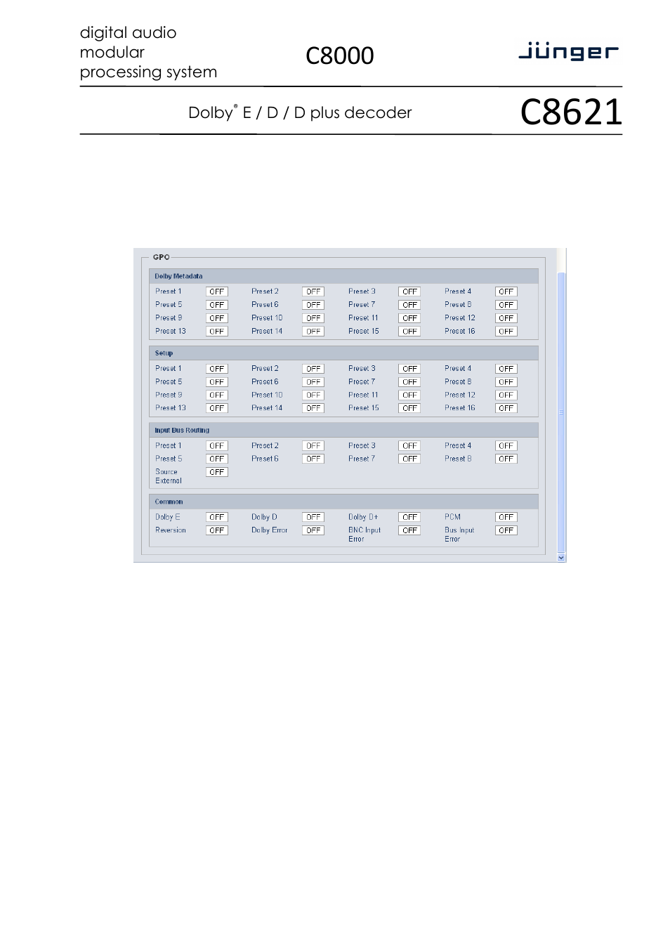 C8621, C8000 | Junger Audio C8621- Dolby® D/D+/E Decoder & Metadata Generator User Manual | Page 19 / 19