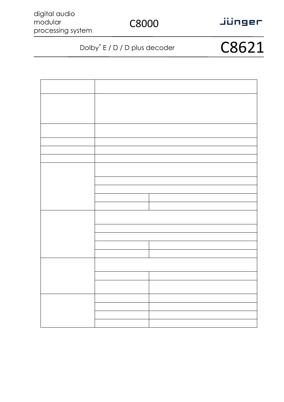 C8621, C8000, Digital audio modular processing system | Dolby, E / d / d plus decoder | Junger Audio C8621- Dolby® D/D+/E Decoder & Metadata Generator User Manual | Page 2 / 19