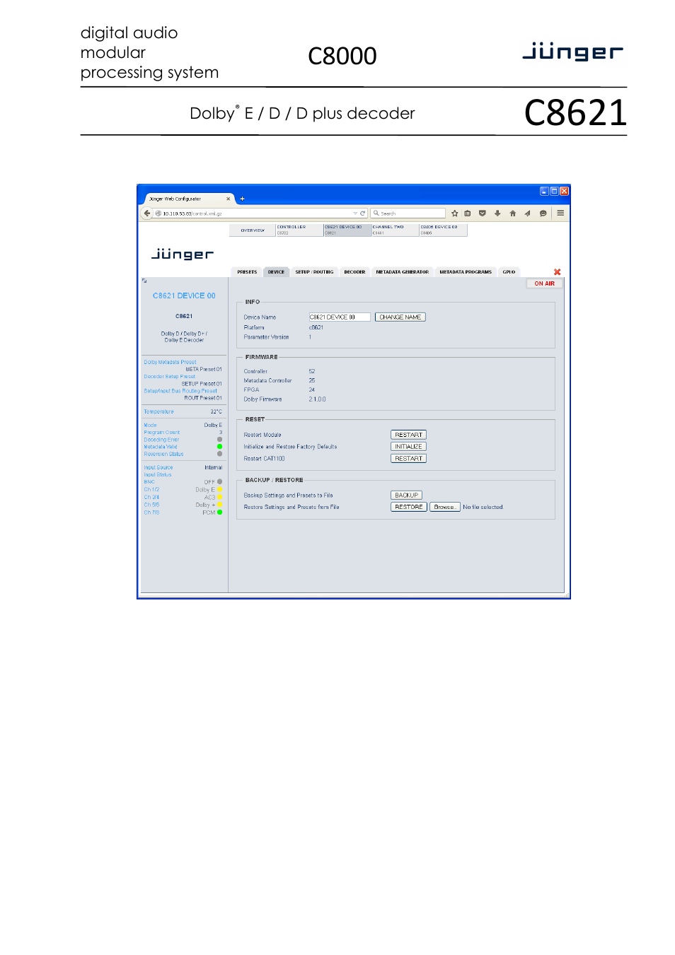 C8621, C8000, Digital audio modular processing system | Dolby, E / d / d plus decoder | Junger Audio C8621- Dolby® D/D+/E Decoder & Metadata Generator User Manual | Page 9 / 19