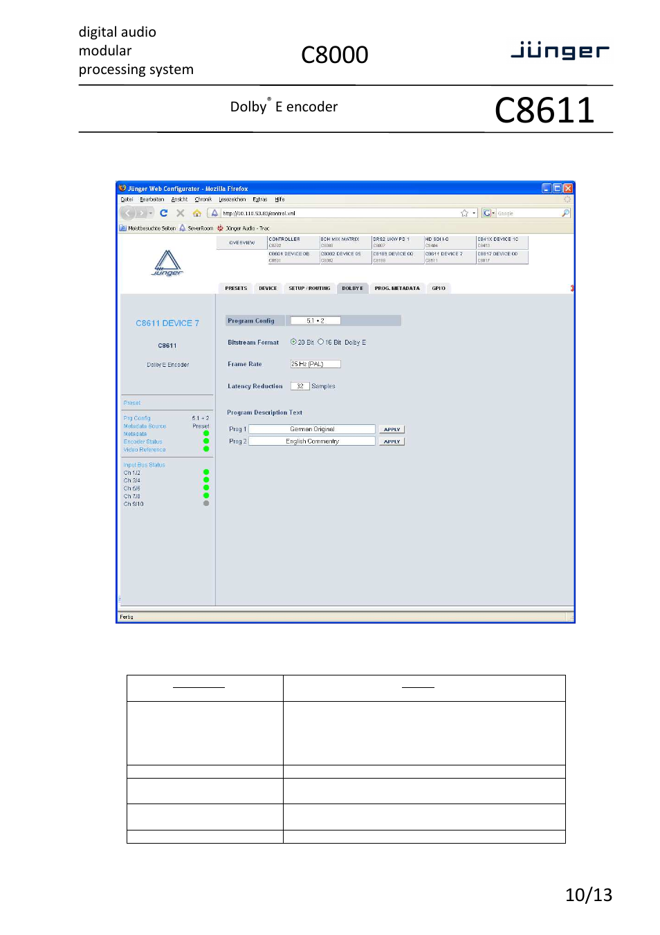 C8611, C8000 | Junger Audio C8611 - Dolby® E encoder User Manual | Page 10 / 13