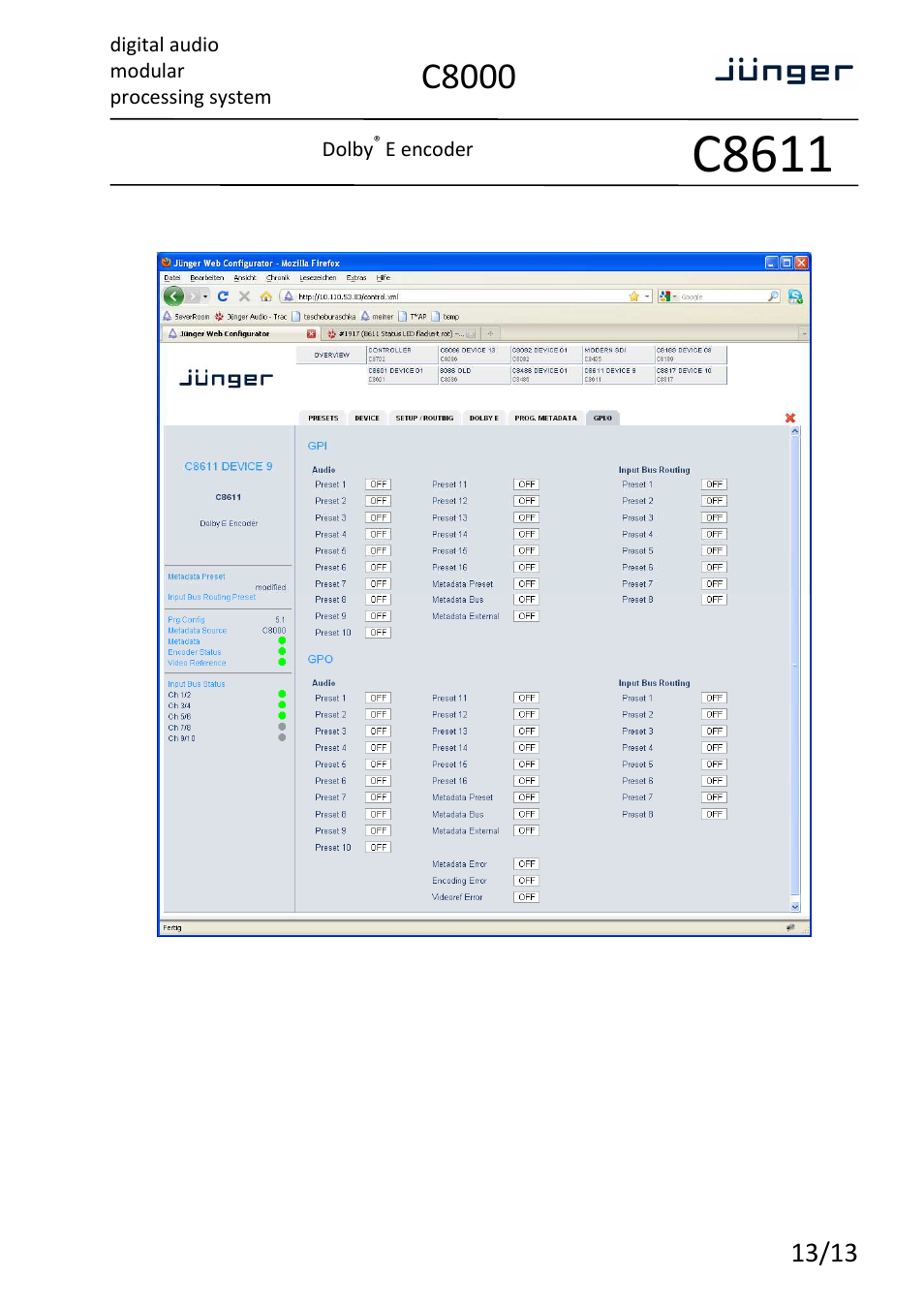C8611, C8000 | Junger Audio C8611 - Dolby® E encoder User Manual | Page 13 / 13