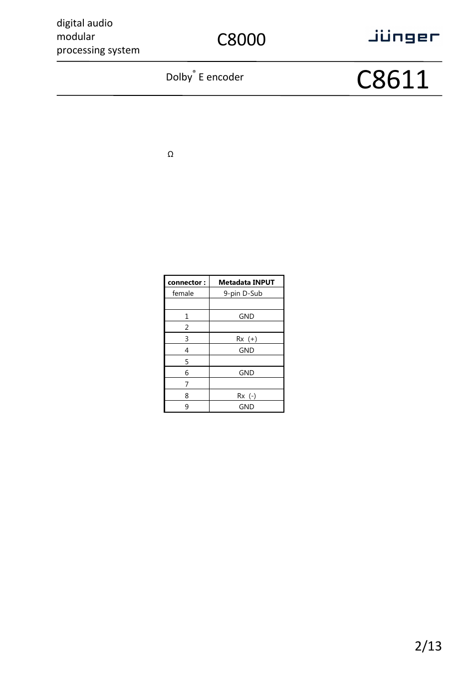 C8611, C8000, Digital audio modular processing system | Dolby, E encoder, Technical specifications | Junger Audio C8611 - Dolby® E encoder User Manual | Page 2 / 13