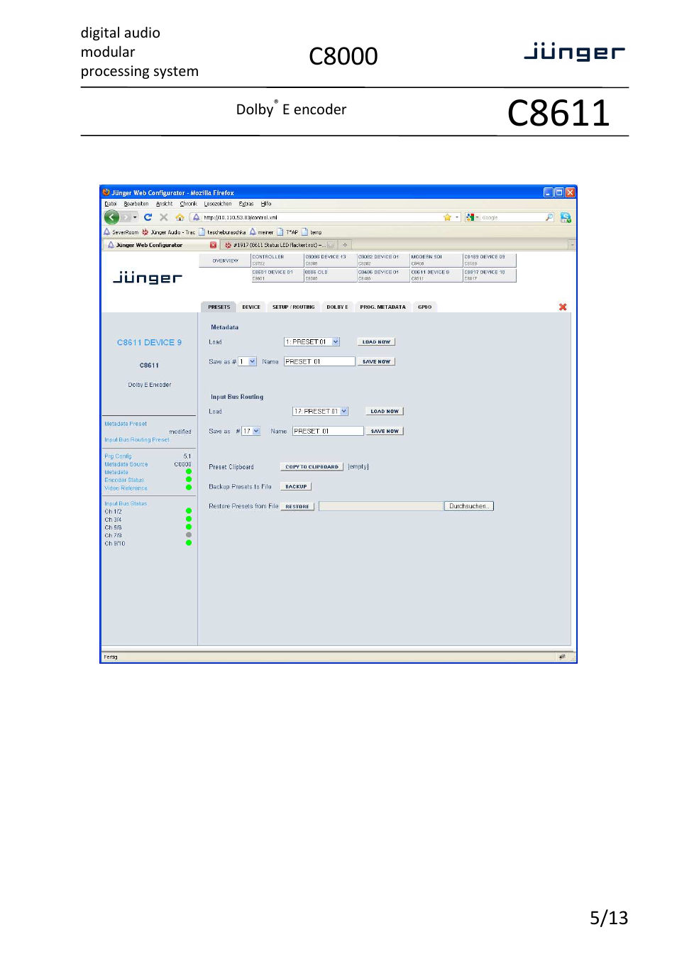 C8611, C8000, Digital audio modular processing system | Dolby, E encoder | Junger Audio C8611 - Dolby® E encoder User Manual | Page 5 / 13