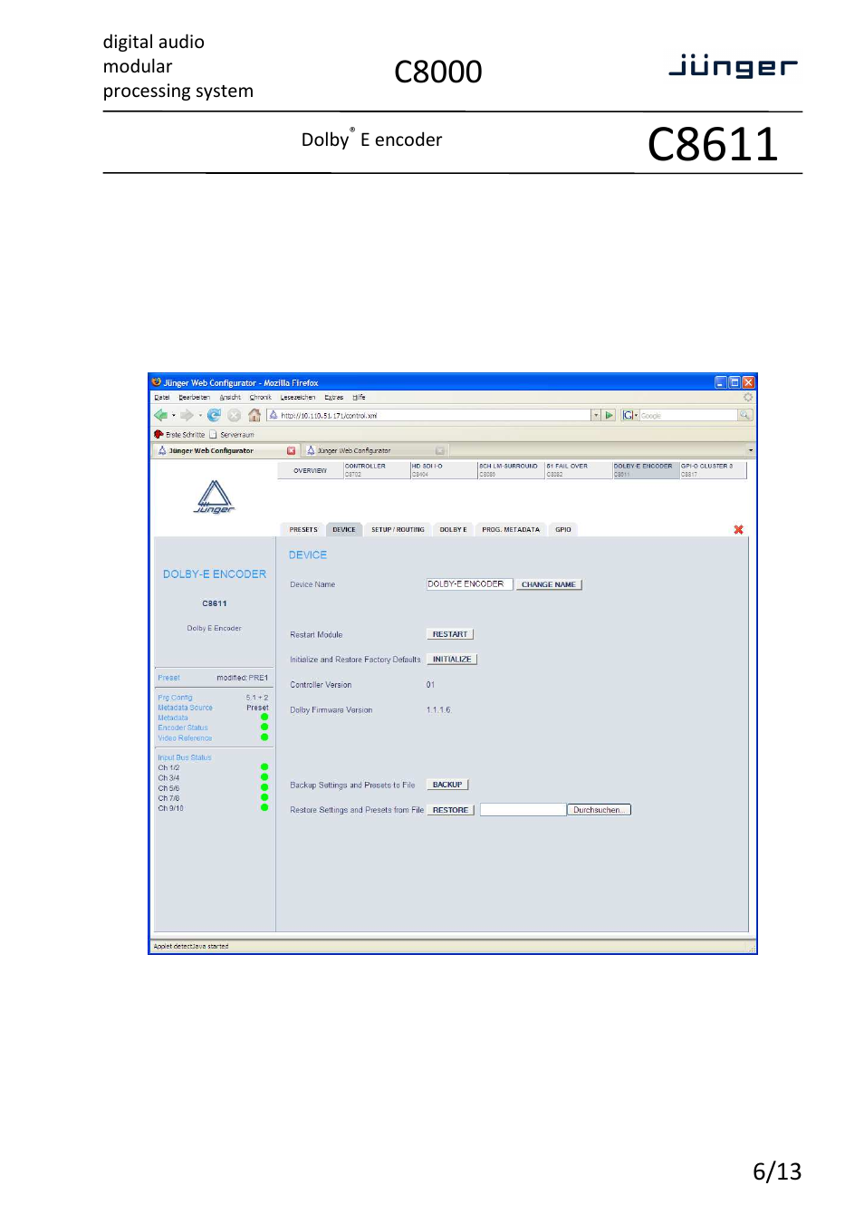 C8611, C8000, Digital audio modular processing system | Dolby, E encoder | Junger Audio C8611 - Dolby® E encoder User Manual | Page 6 / 13