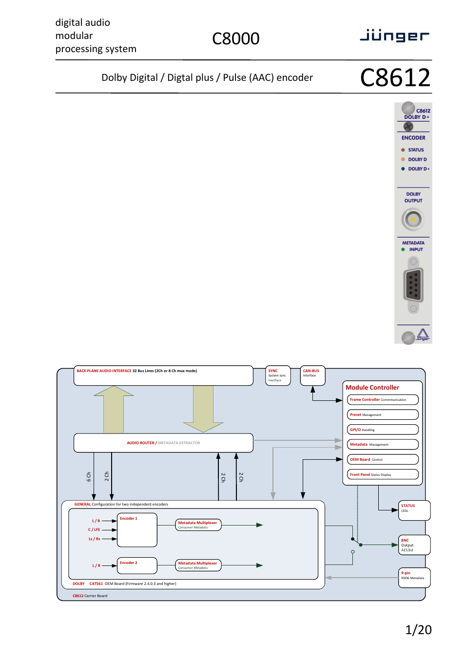 Junger Audio C8612 - Dolby® D/D+/AAC encoder User Manual | 20 pages