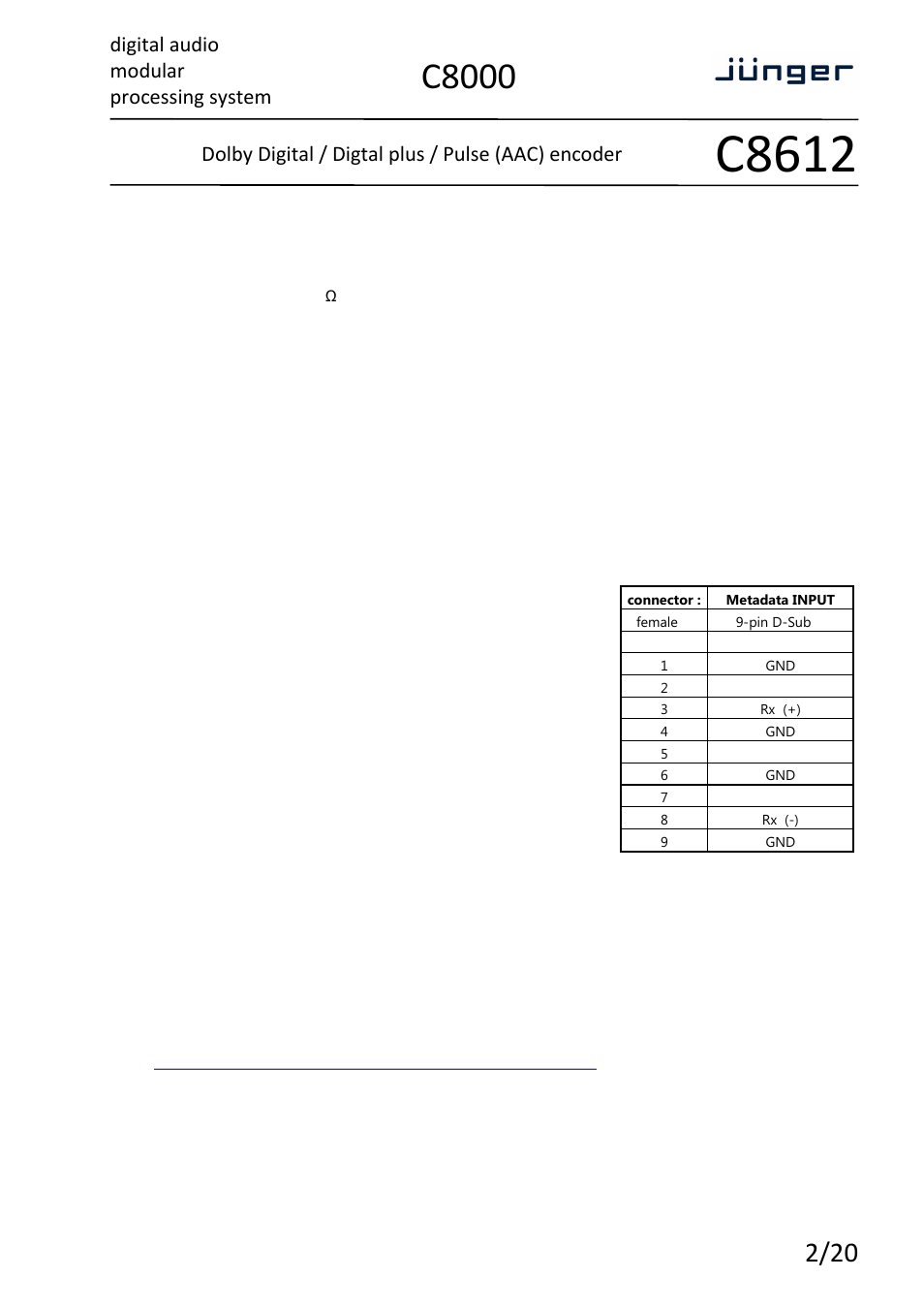 C8612, C8000, Digital audio modular processing system | Dolby digital / digtal plus / pulse (aac) encoder, Technical specifications, Dolby, Metadata | Junger Audio C8612 - Dolby® D/D+/AAC encoder User Manual | Page 2 / 20
