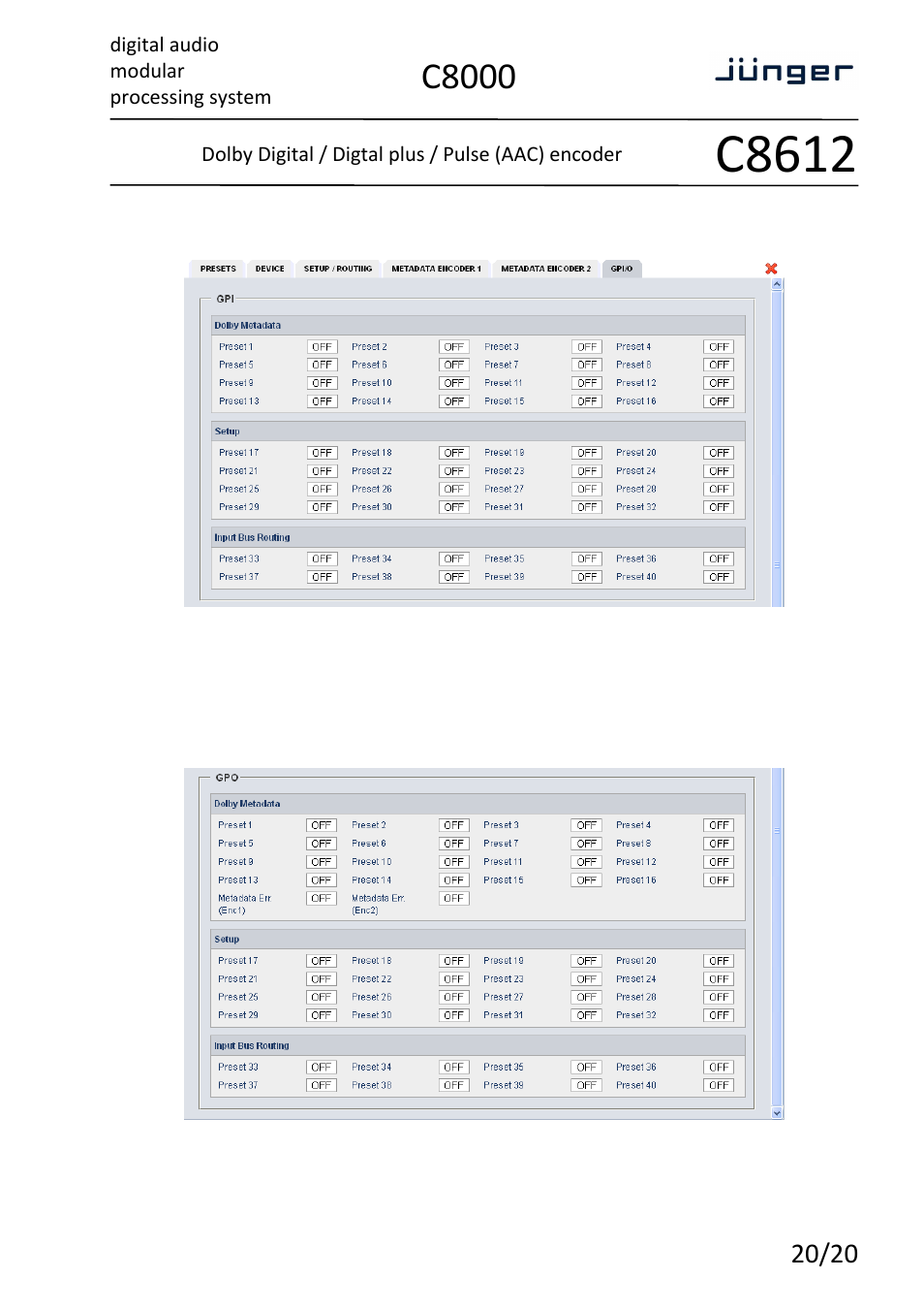 C8612, C8000 | Junger Audio C8612 - Dolby® D/D+/AAC encoder User Manual | Page 20 / 20