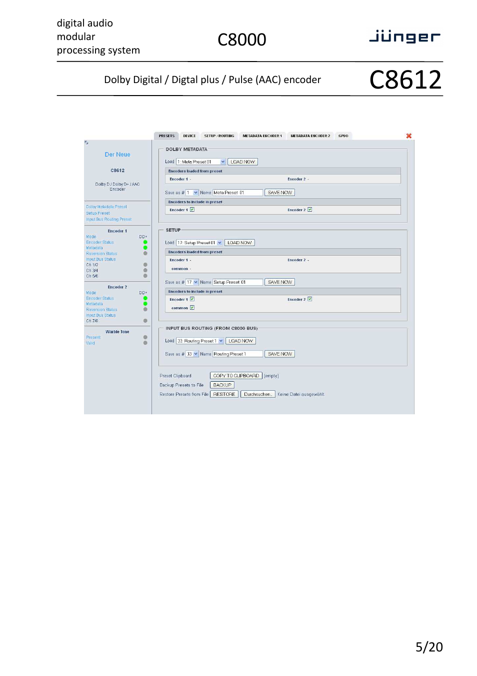 C8612, C8000, Digital audio modular processing system | Dolby digital / digtal plus / pulse (aac) encoder | Junger Audio C8612 - Dolby® D/D+/AAC encoder User Manual | Page 5 / 20