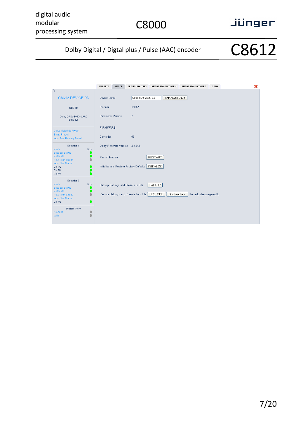 C8612, C8000, Digital audio modular processing system | Dolby digital / digtal plus / pulse (aac) encoder | Junger Audio C8612 - Dolby® D/D+/AAC encoder User Manual | Page 7 / 20