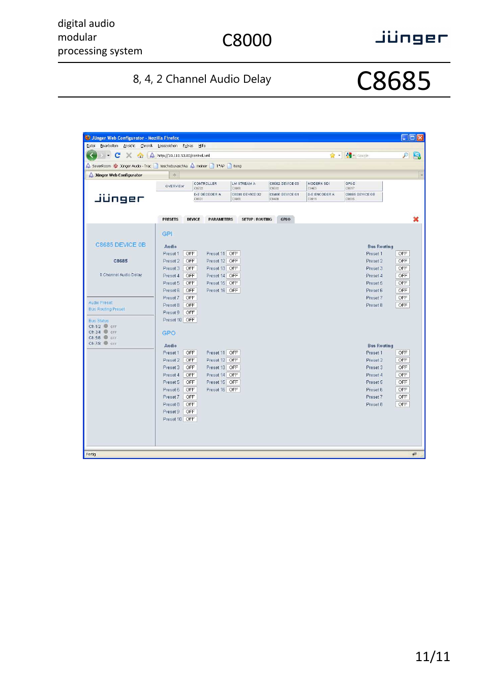 C8685, C8000 | Junger Audio C8685 - Audio Delay User Manual | Page 11 / 11