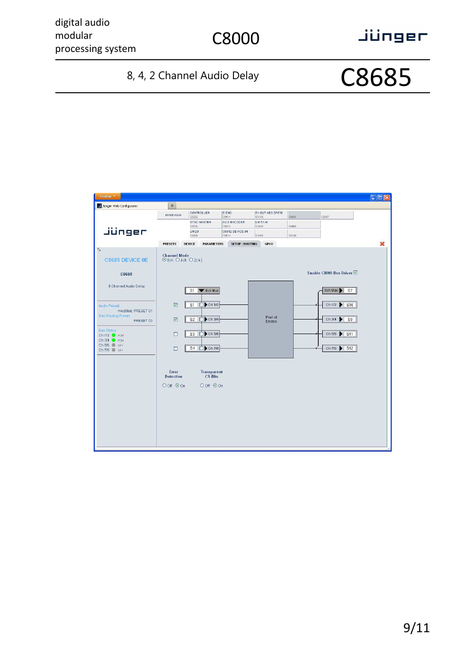 C8685, C8000, Digital audio modular processing system | 8, 4, 2 channel audio delay | Junger Audio C8685 - Audio Delay User Manual | Page 9 / 11