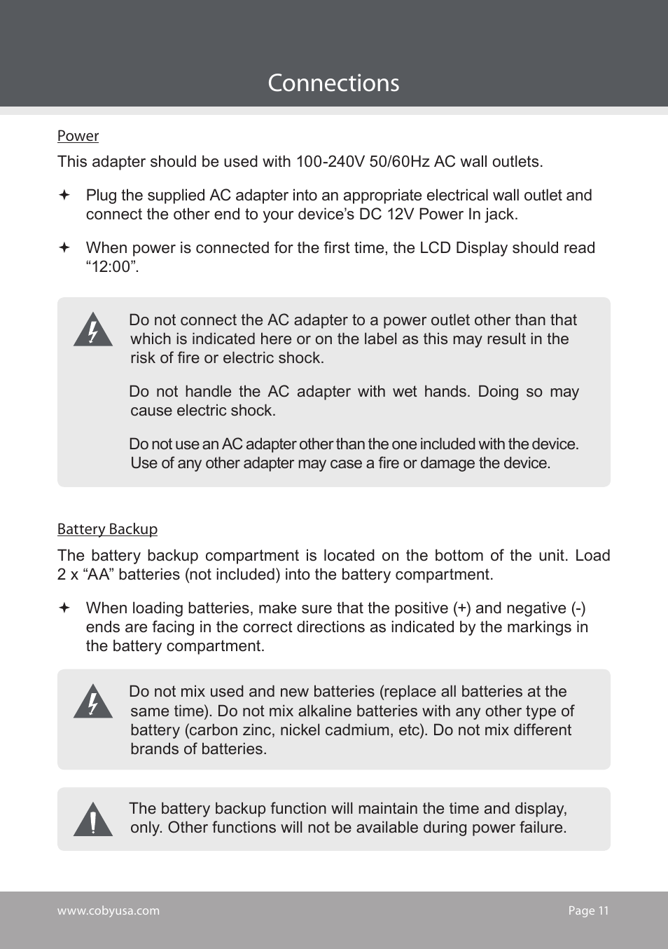 Connections | COBY electronic CS-MP125 User Manual | Page 11 / 24