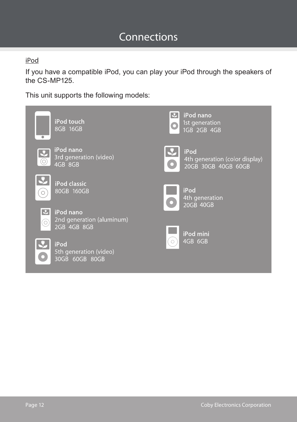 Connections | COBY electronic CS-MP125 User Manual | Page 12 / 24