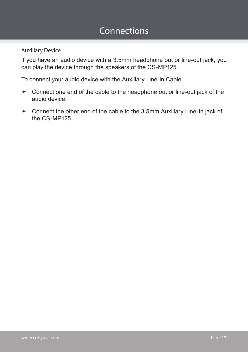 Connections | COBY electronic CS-MP125 User Manual | Page 13 / 24