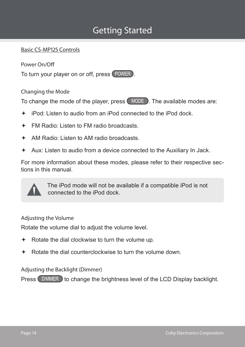 Getting started | COBY electronic CS-MP125 User Manual | Page 14 / 24