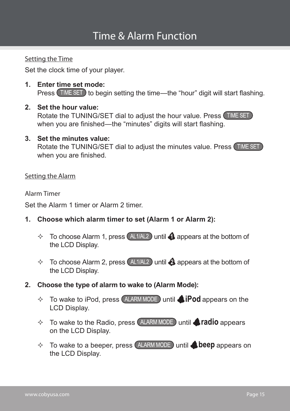 Time & alarm function | COBY electronic CS-MP125 User Manual | Page 15 / 24