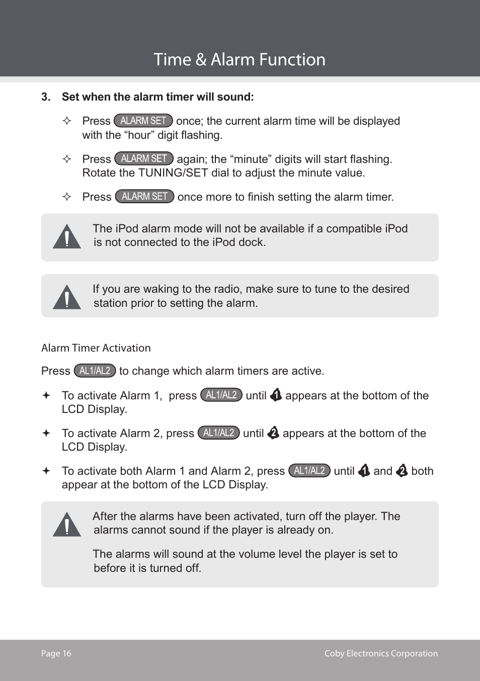 Time & alarm function | COBY electronic CS-MP125 User Manual | Page 16 / 24