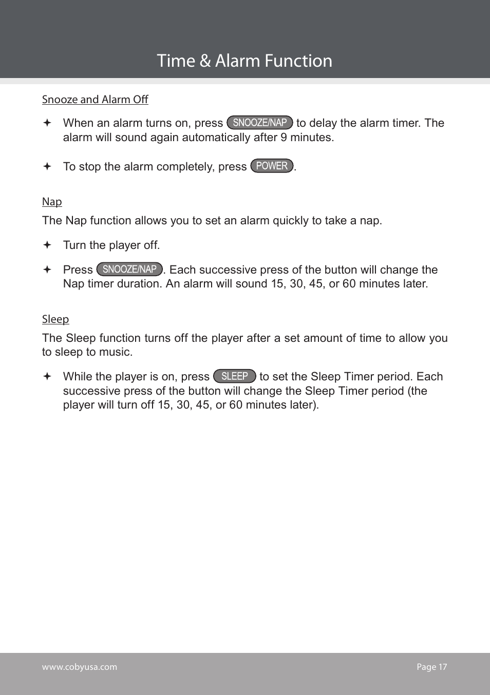 Time & alarm function | COBY electronic CS-MP125 User Manual | Page 17 / 24