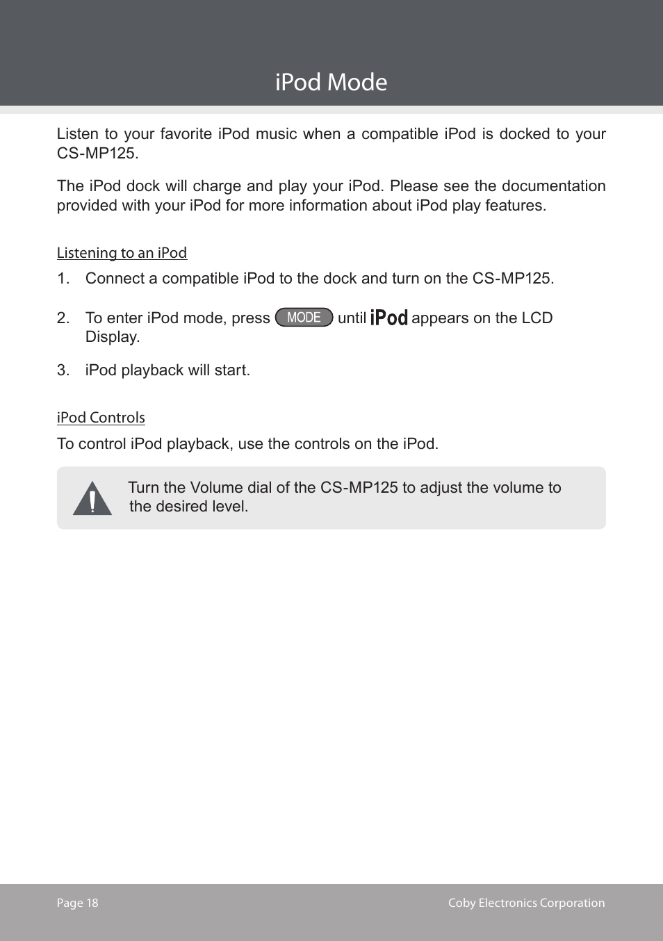 Ipod mode | COBY electronic CS-MP125 User Manual | Page 18 / 24