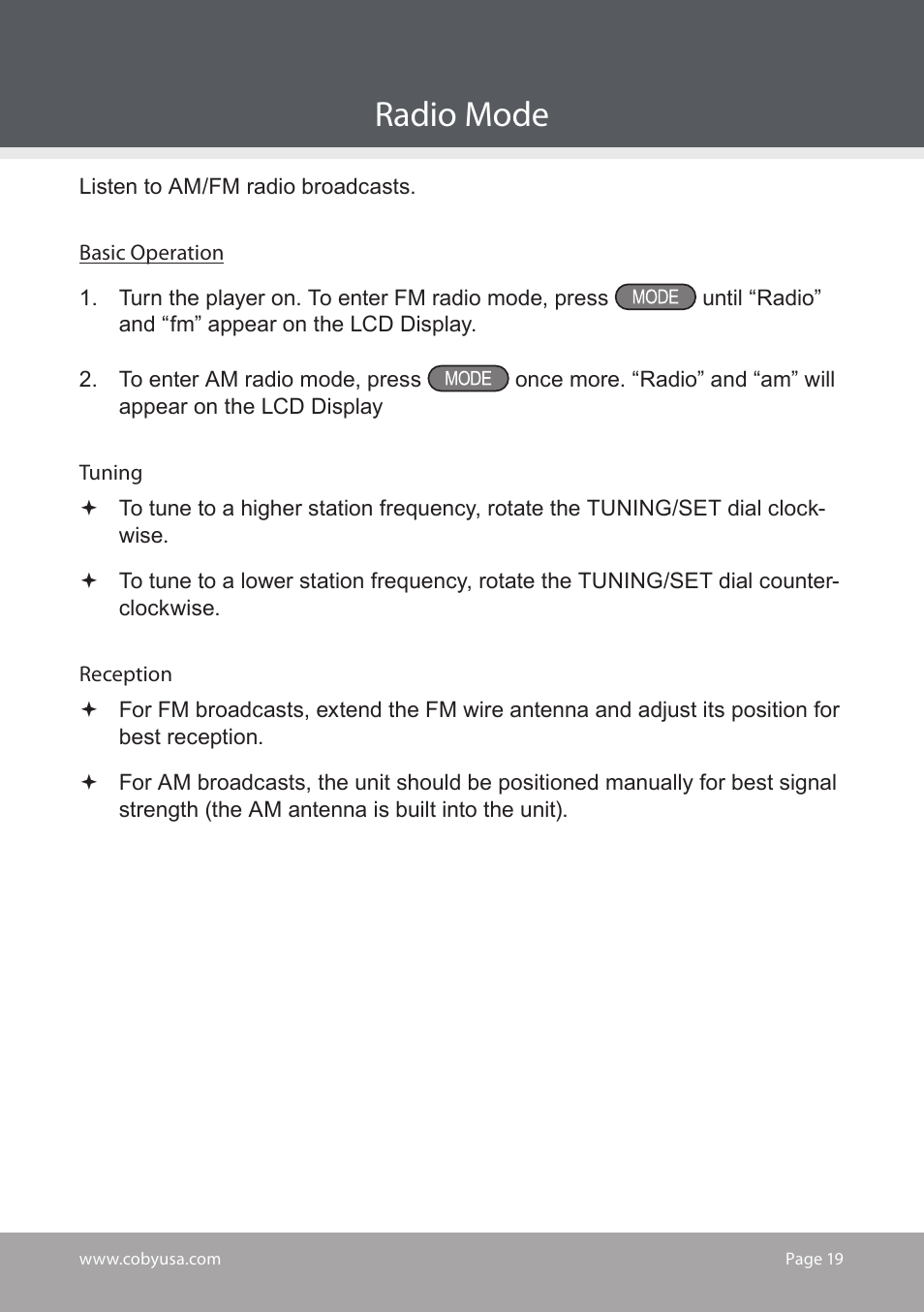 Radio mode | COBY electronic CS-MP125 User Manual | Page 19 / 24