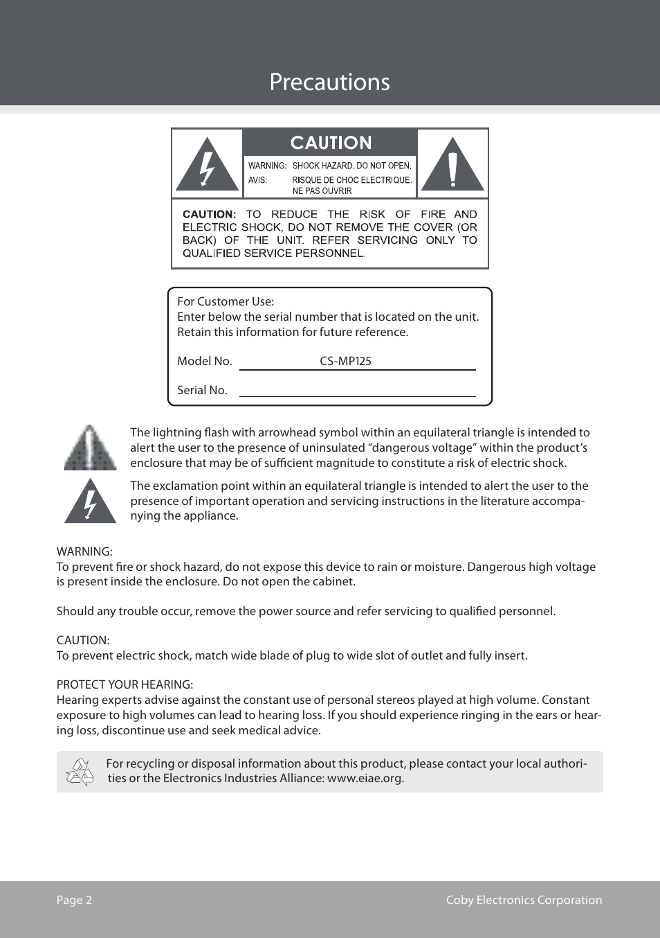 Precautions | COBY electronic CS-MP125 User Manual | Page 2 / 24