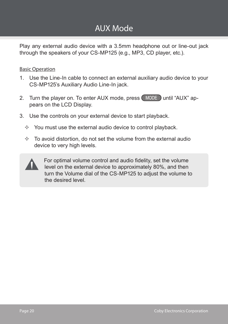 Aux mode | COBY electronic CS-MP125 User Manual | Page 20 / 24