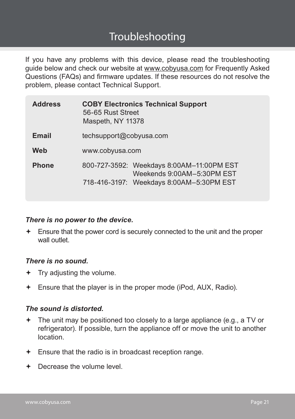 Troubleshooting | COBY electronic CS-MP125 User Manual | Page 21 / 24