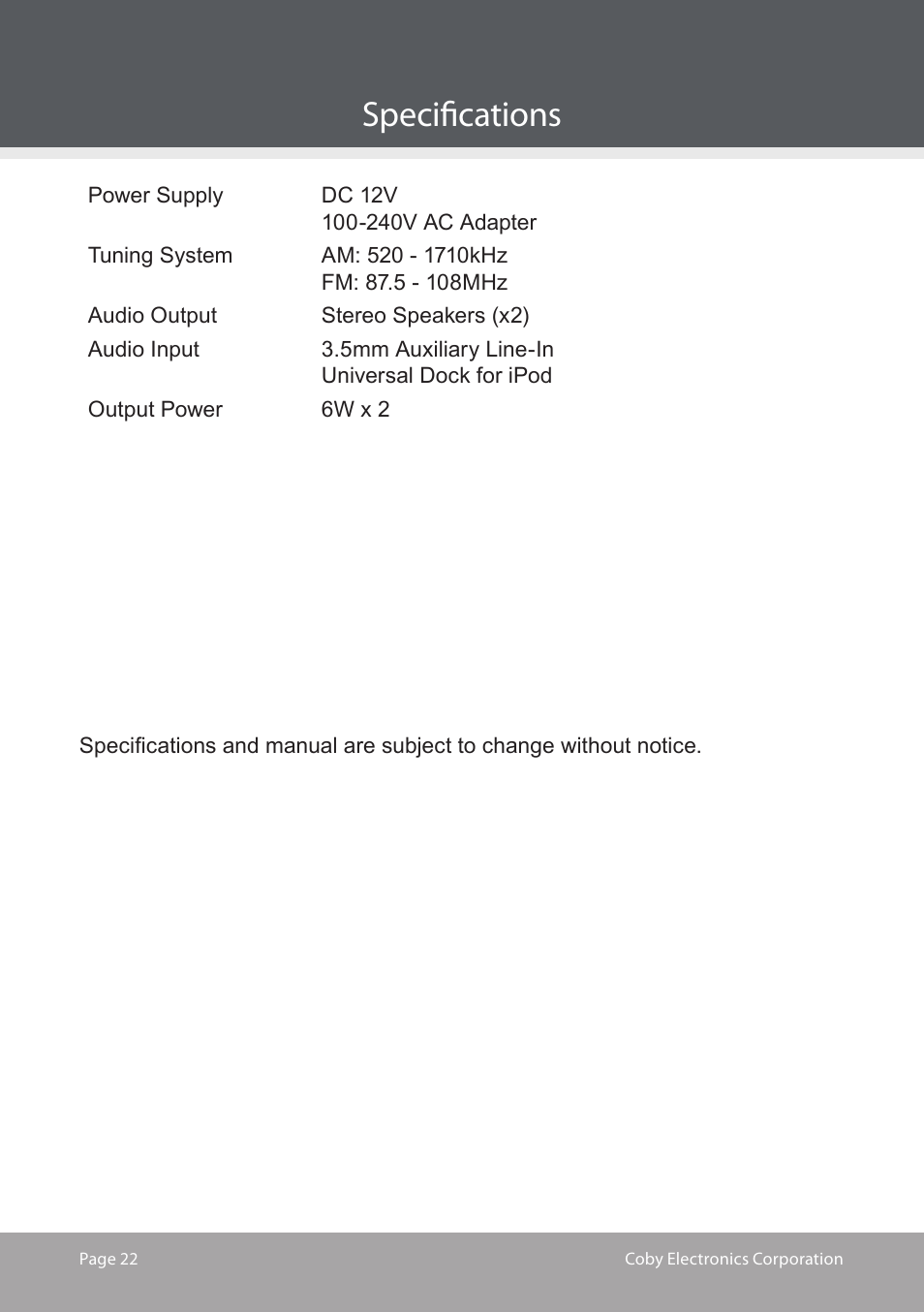 Specifications | COBY electronic CS-MP125 User Manual | Page 22 / 24