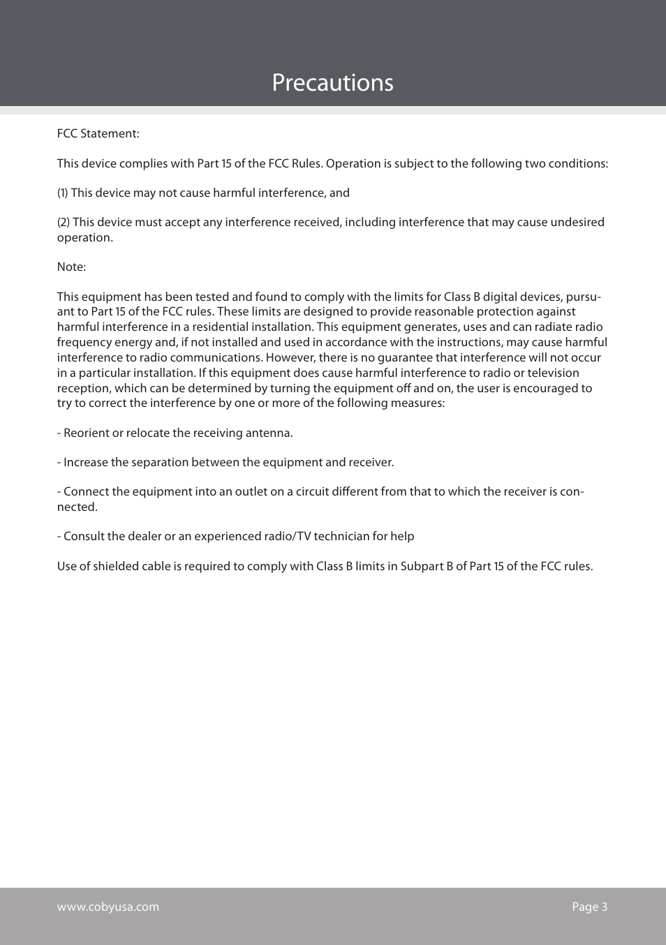 Precautions | COBY electronic CS-MP125 User Manual | Page 3 / 24