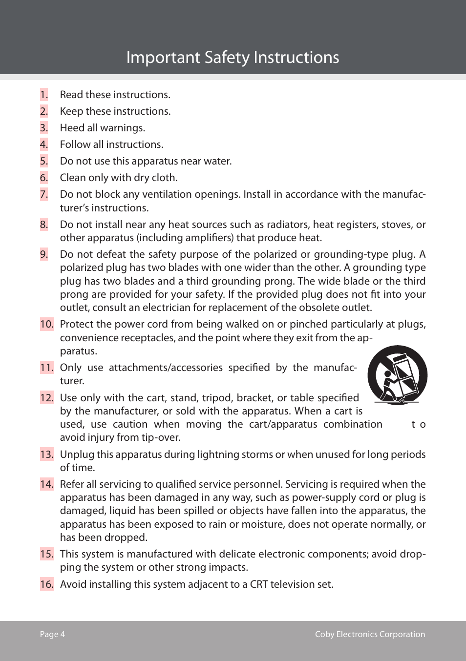 Important safety instructions | COBY electronic CS-MP125 User Manual | Page 4 / 24