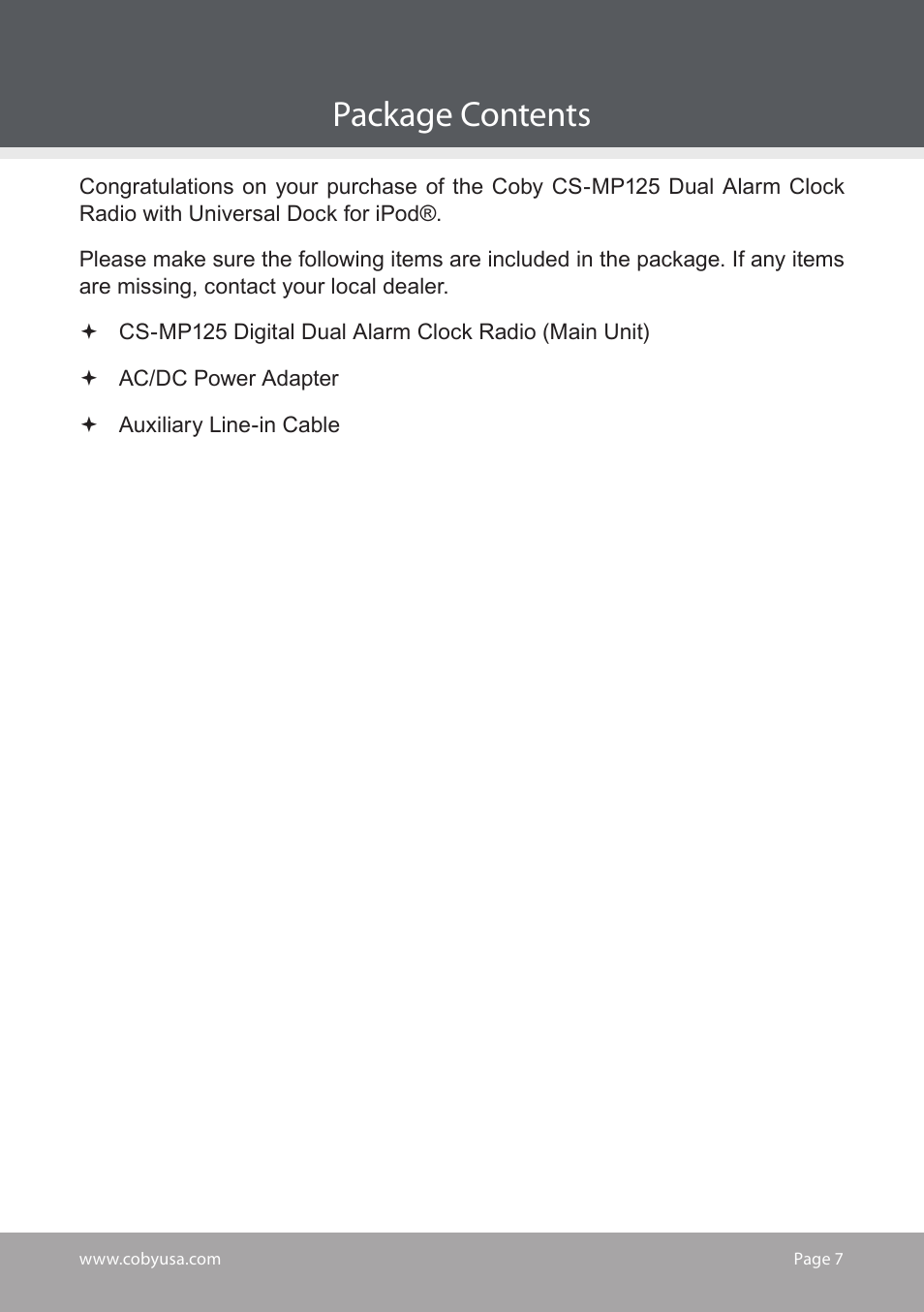 Package contents | COBY electronic CS-MP125 User Manual | Page 7 / 24