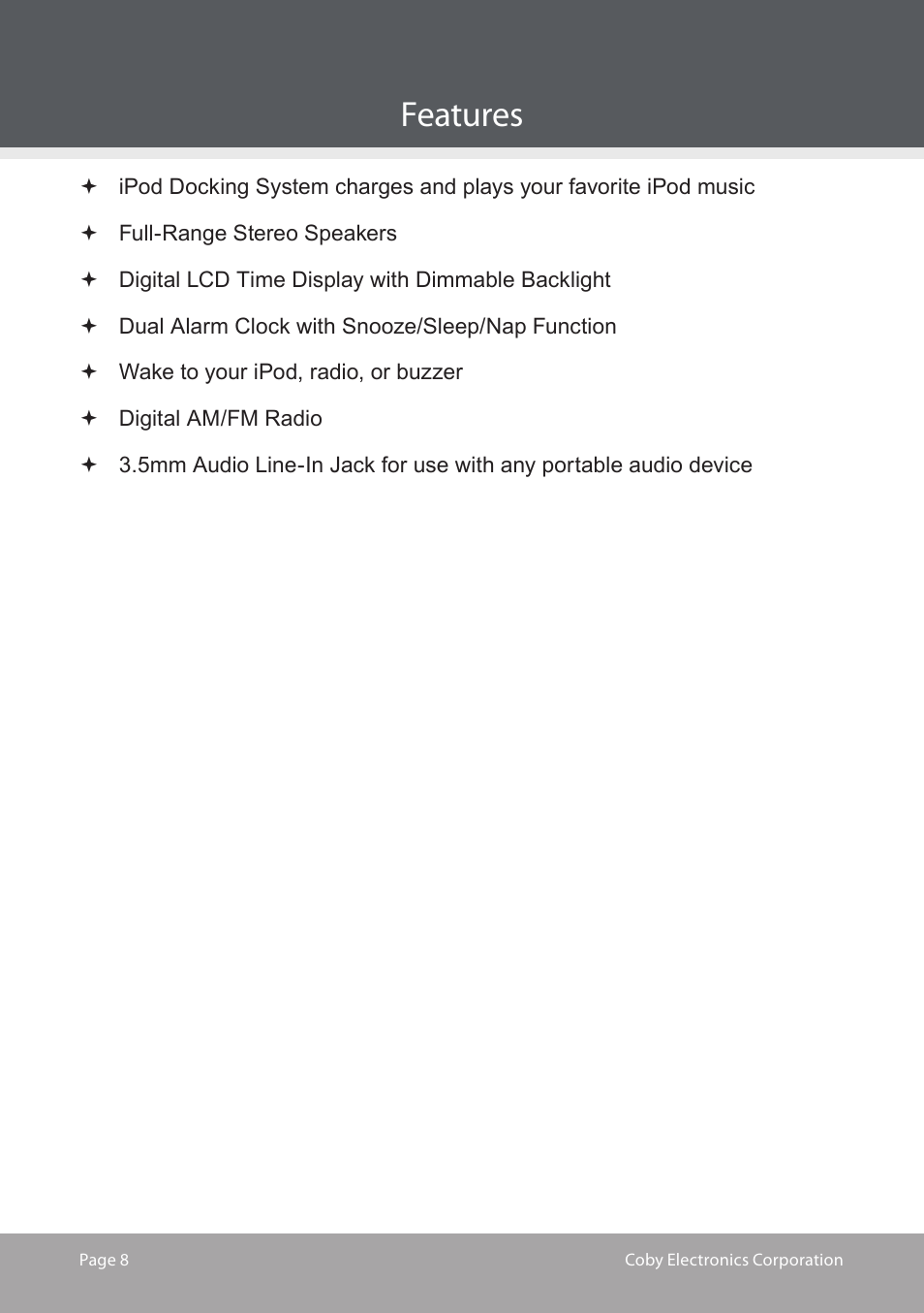 Features | COBY electronic CS-MP125 User Manual | Page 8 / 24