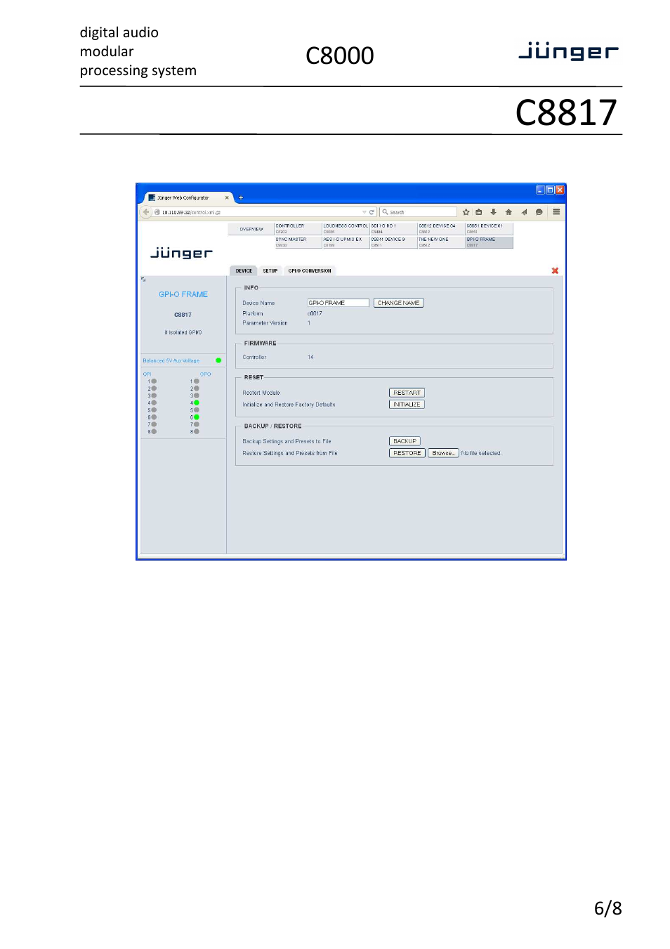 C8817, C8000, Digital audio modular processing system | Electrically isolated gpi/o | Junger Audio C8817 - GPI/O interface User Manual | Page 6 / 8