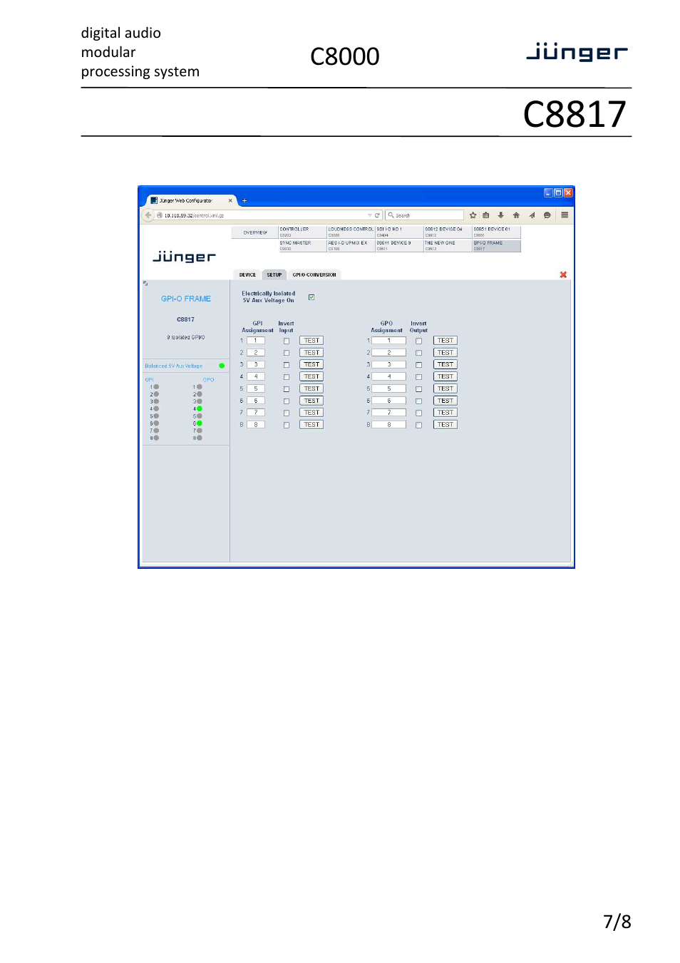 C8817, C8000, Digital audio modular processing system | Electrically isolated gpi/o | Junger Audio C8817 - GPI/O interface User Manual | Page 7 / 8