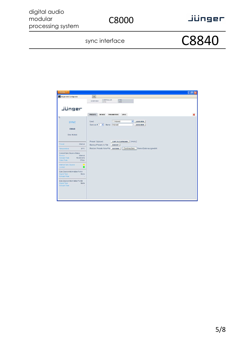 C8840, C8000, Sync interface | Digital audio modular processing system | Junger Audio C8840 - Sync interface User Manual | Page 5 / 8