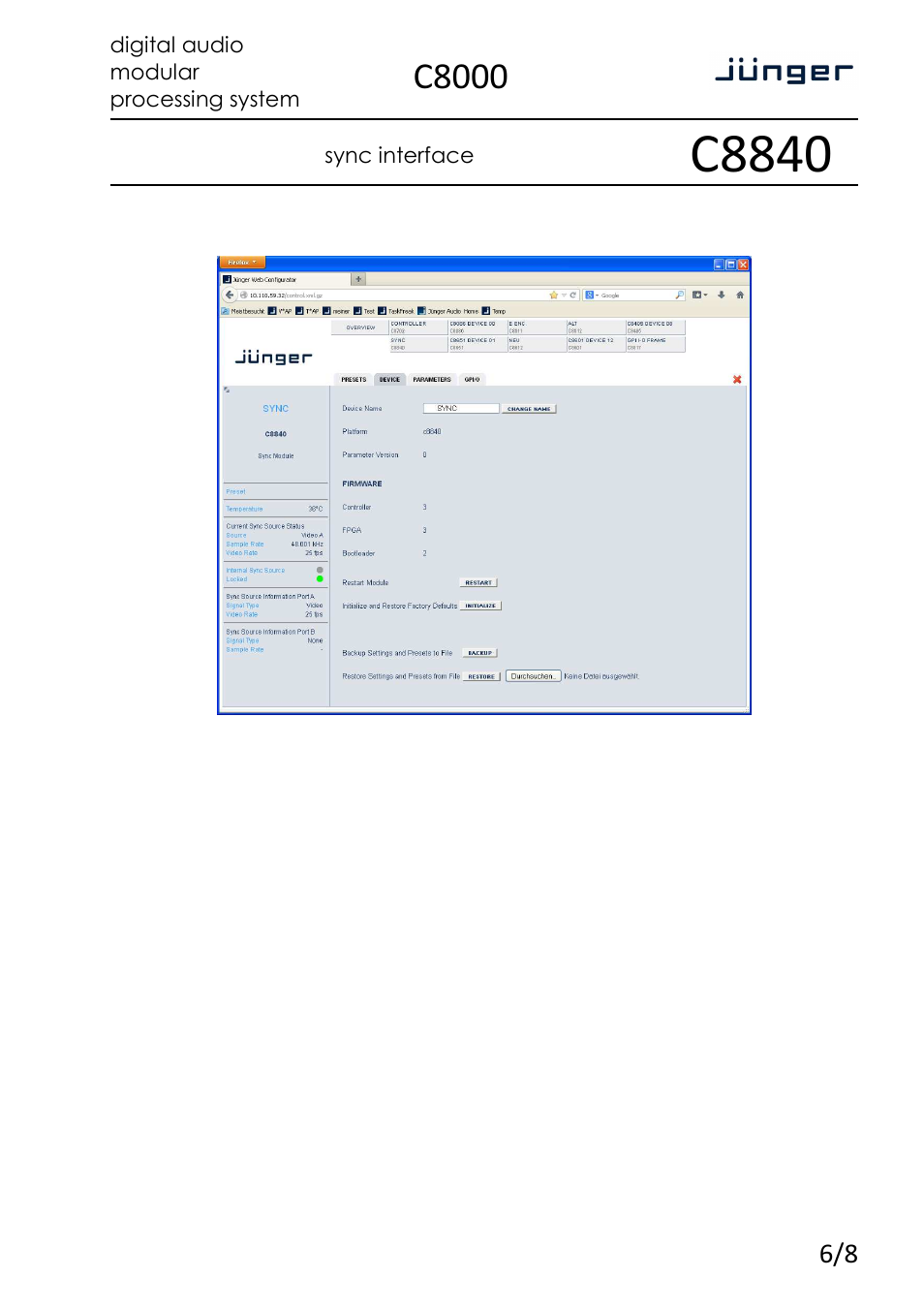 C8840, C8000, Sync interface | Digital audio modular processing system | Junger Audio C8840 - Sync interface User Manual | Page 6 / 8